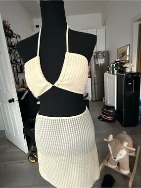 Waffle Knit Two-Piece Halter Top & Skirt Set - Cream